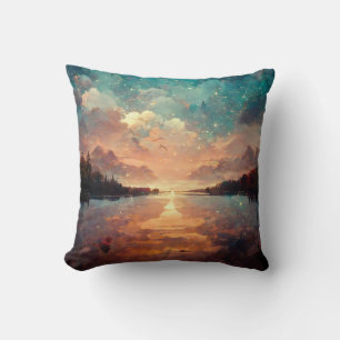Dreamlike Lake And Sunset   Landscape Painting Throw Pillow