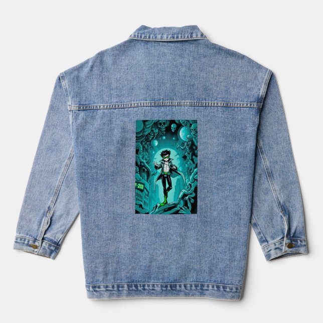 Dreamlike Superhero in Surreal Teal Denim Jacket (Back)