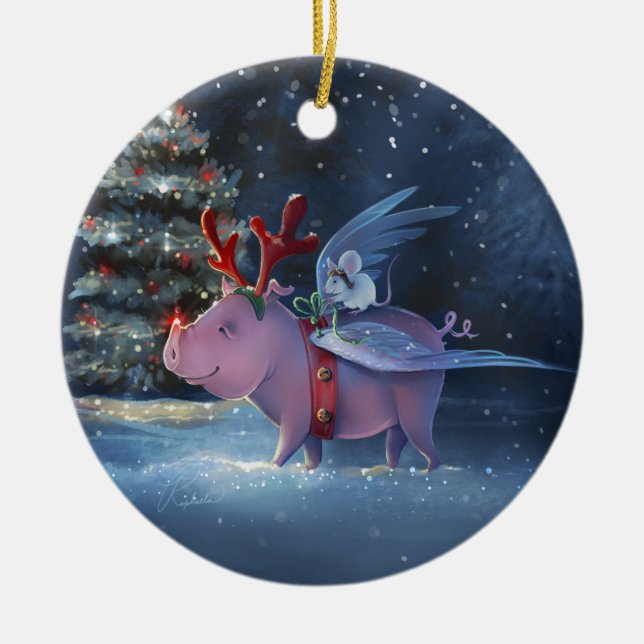 Dreams Come True Unique Flying Pig Christmas Ceramic Ornament (Front)