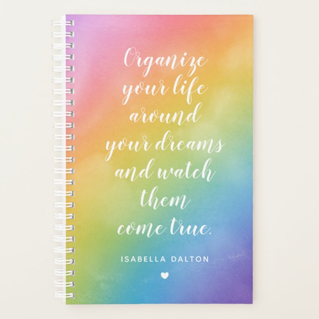 Dreams Come True Watercolor Rainbow Custom Name Planner (Front)