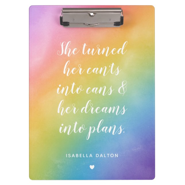 Dreams Into Plans Watercolor Rainbow Custom Name Clipboard (Front)