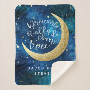 Dreams Really Do Come True Moon & Stars Baby Name Sherpa Blanket
