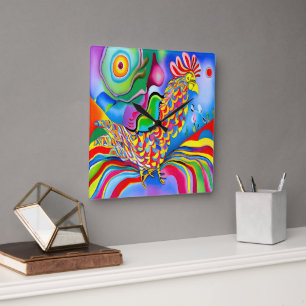 "Dreamscape Bird". A SQ surreal abstract cockerel  Square Wall Clock