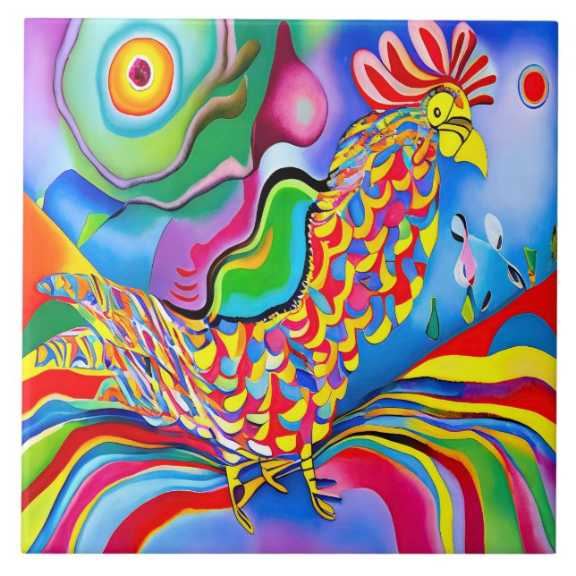 "Dreamscape Bird". A SQ surreal abstract cockerel  Tile (Front)