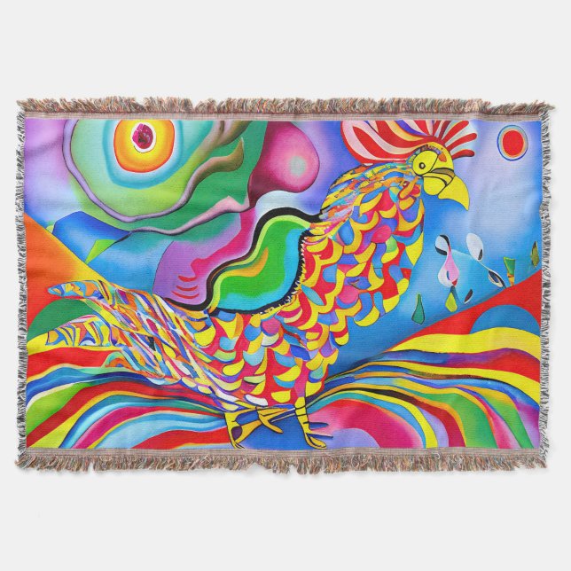 "Dreamscape Bird". A surreal abstract cockerel Throw Blanket (Front)