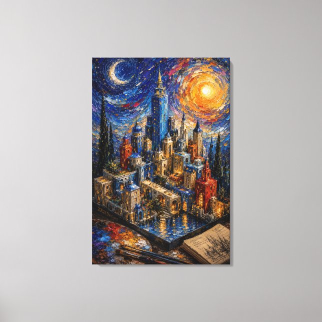 Dreamscape Metropolis | Impasto Fantasy City Canvas Print (Front)
