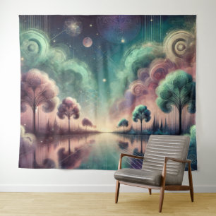 Dreamscape Swirling Trees Cosmic Reflections Tapestry