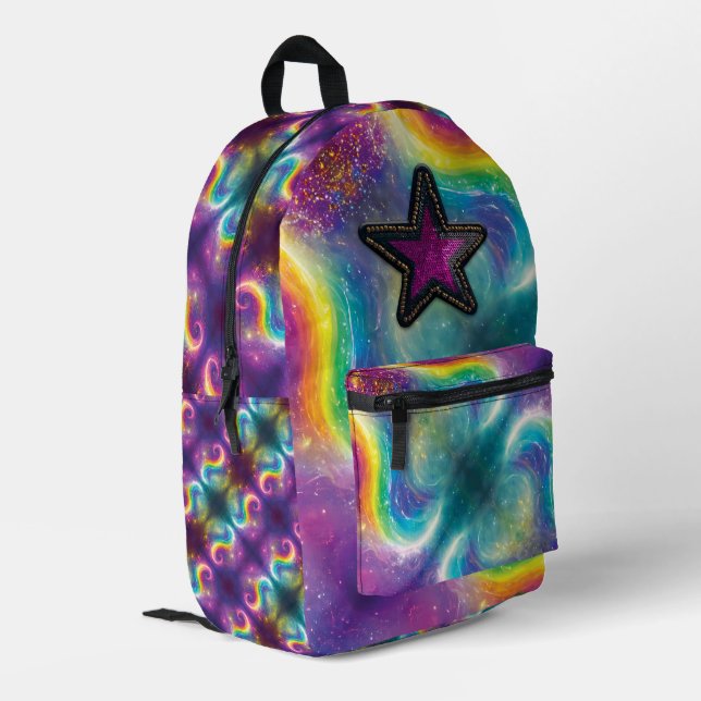Dreamy Abstract Liquid Rainbow Tie-Dye Sequin Star Printed Backpack (Back Corner Left)