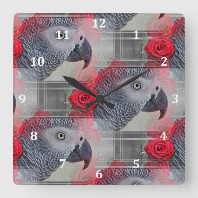 Dreamy African Grey with Red Roses Square Wall Clock (Front)