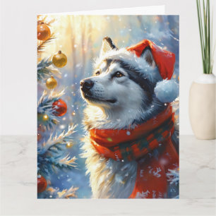 Dreamy Alaskan Malamute Christmas Watercolor Card