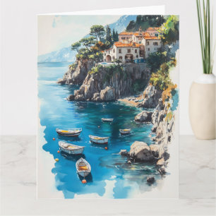 Dreamy Amalfi Coast: Watercolor Painting Design Card