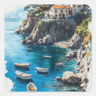 Dreamy Amalfi Coast: Watercolor Painting Design Square Sticker