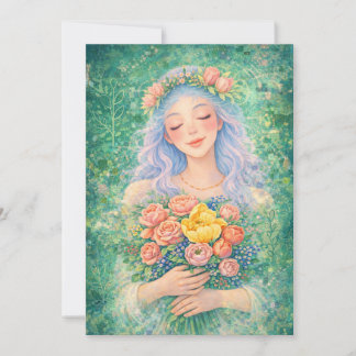 Dreamy Angel with Flowers – Soft Green Fantasy Art Invitation
