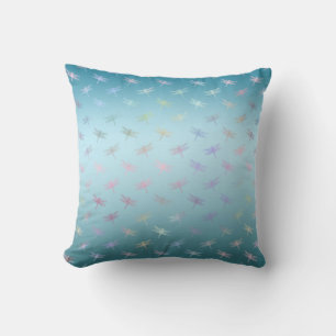Dreamy Aqua Ombre Rainbow Dragonflies Throw Pillow