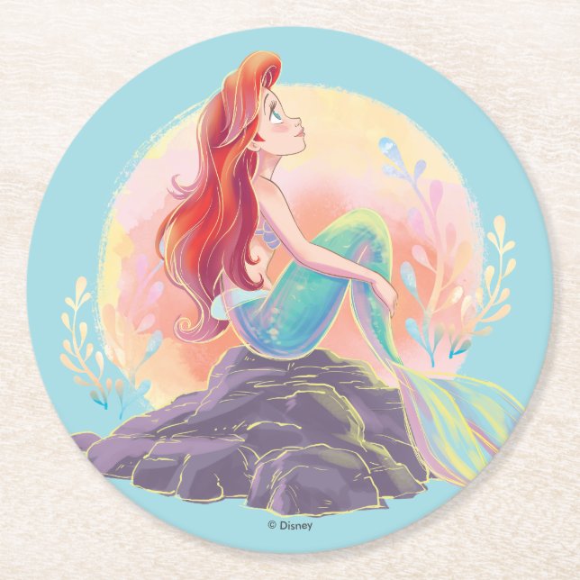 Dreamy Ariel on the Rocks Round Paper Coaster (Front)