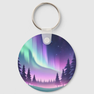 Dreamy Aurora Night: Purple Forest and Green Light Keychain