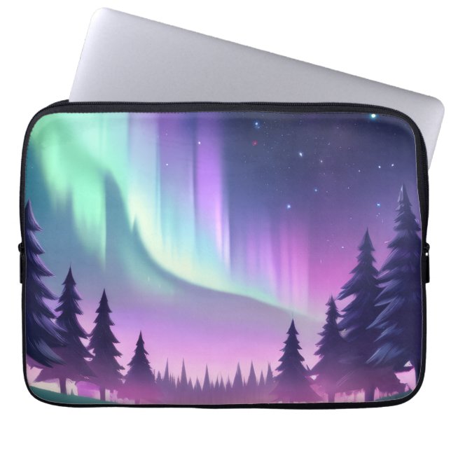 Dreamy Aurora Night: Purple Forest and Green Light Laptop Sleeve (Front)