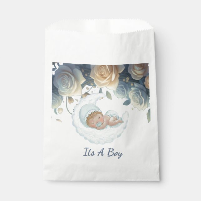Dreamy Baby Boy Moon And flowers Favour Bag (Front)