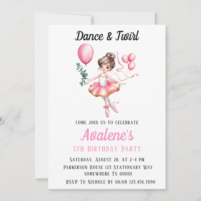 Dreamy Ballerina in Flight: Dance & Twirl Birthday Invitation (Front)