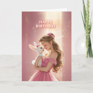 Dreamy Bday Card With Pretty Girl & Cute Bunny
