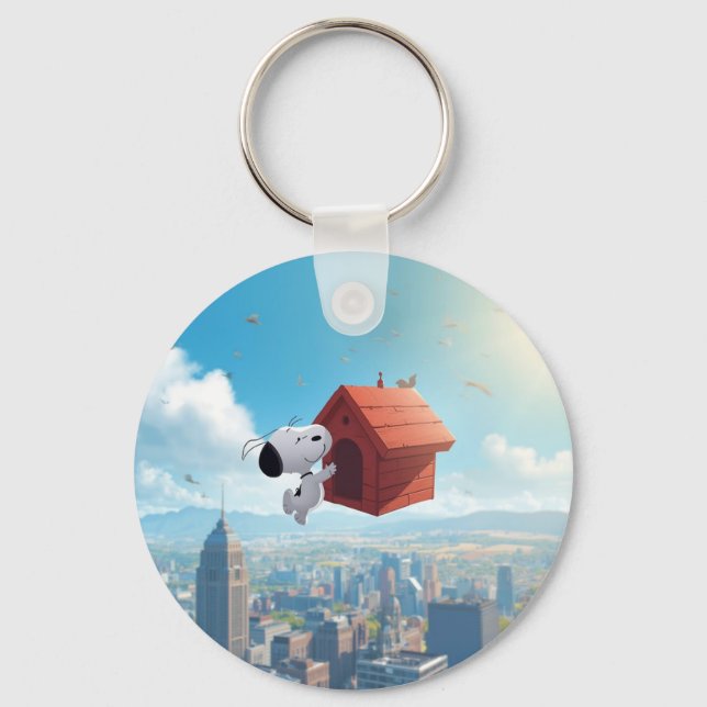 Dreamy Beagle Floating City Comic Illustration Keychain (Front)