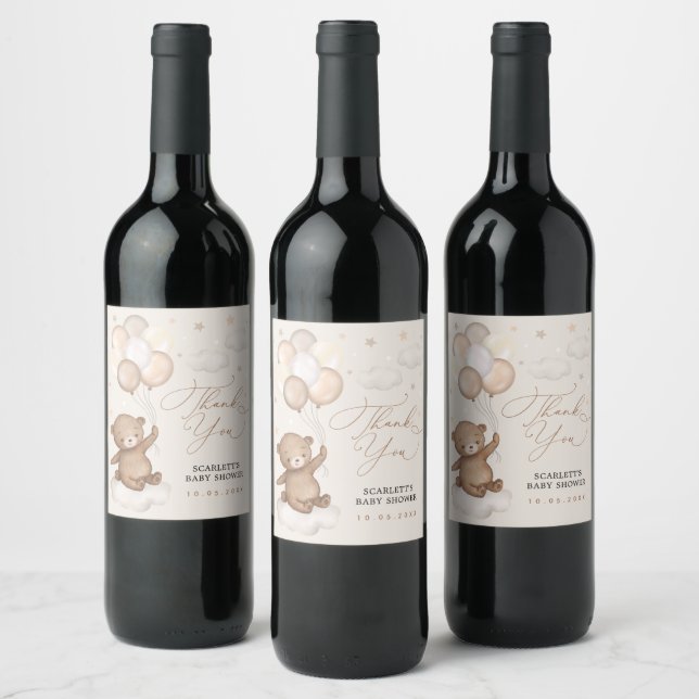 Dreamy Bear & Balloons Baby Shower Favours Wine Label (Bottles)