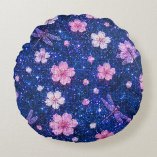 Dreamy Blossom Night With Cherry flowers and Drago Round Pillow