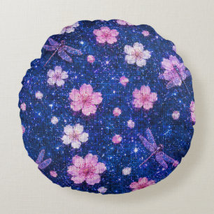Dreamy Blossom Night With Cherry flowers Round Pillow