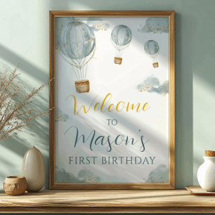 Dreamy Blue Balloon First Birthday Boy Glitter Poster