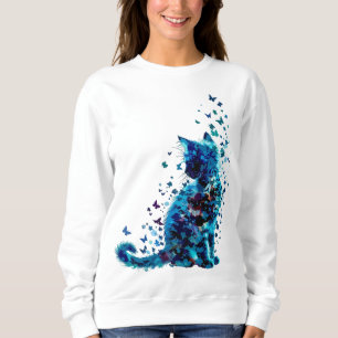 Dreamy Blue Cat – Butterfly & Floral Art Sweatshirt