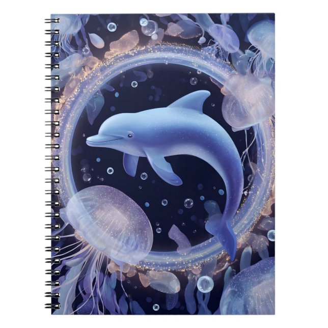 Dreamy Blue Dolphin and Jellyfish Ring Art Notebook (Front)