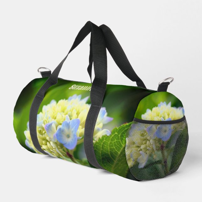 Dreamy Blue Hydrangea Flower Personalized Duffle Bag (Right Corner)