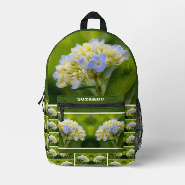 Dreamy Blue Hydrangea Flower Personalized Printed Backpack (Front)