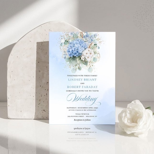 Dreamy Blue Hydrangea Gold Floral Wedding Invite (Dreamy Blue Hydrangea Gold Floral Wedding Invitation)