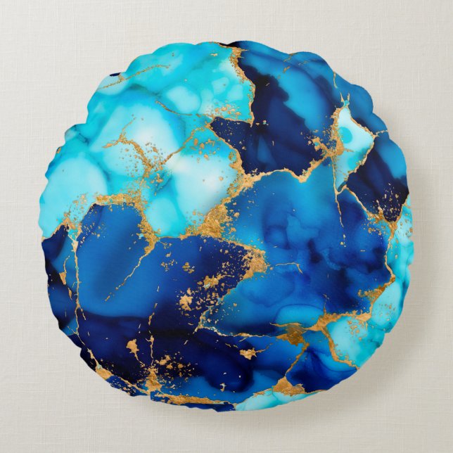 Dreamy Blue inks and Gold Round Pillow (Front)