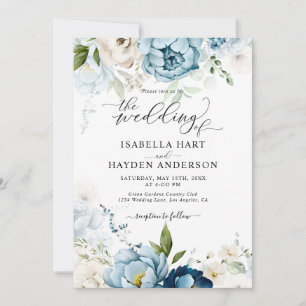 Dreamy Blue Navy Floral All In 1 QR Code Wedding Invitation