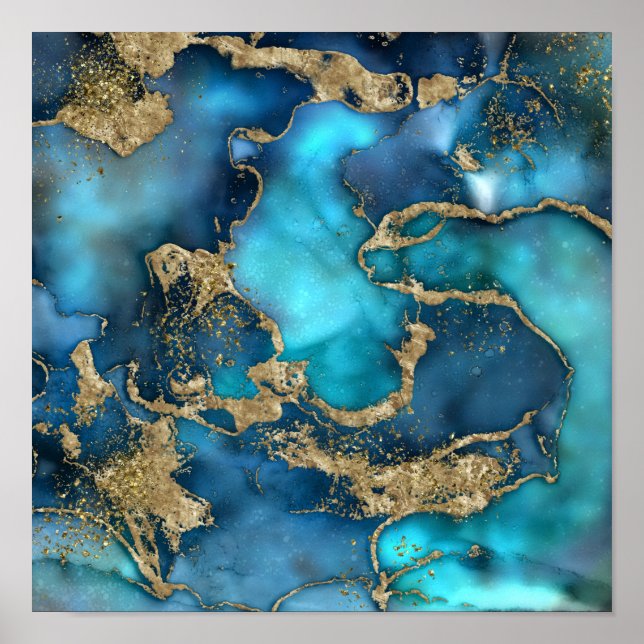 Dreamy Blue Teal and Gold Poster (Front)