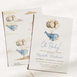 Dreamy Blue Whale and Balloons Boy Baby Shower Invitation