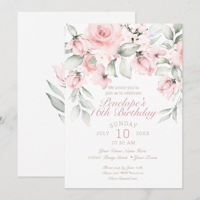 Dreamy Blush Pink Roses Sweet Sixteen Birthday Invitation (Front/Back)
