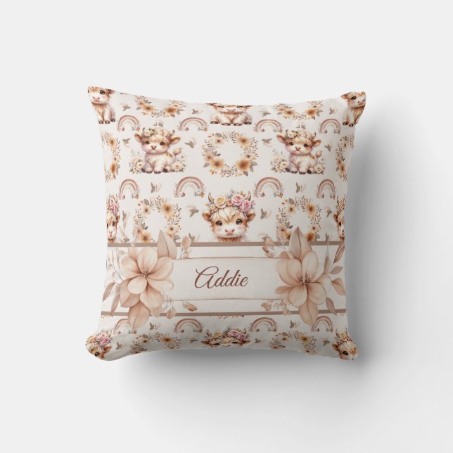 Dreamy Boho Highland Cow Nursery Throw Pillow (Front)
