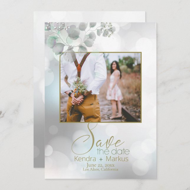 Dreamy Bokeh and Eucalyptus Foliage Save the Date Invitation (Front/Back)