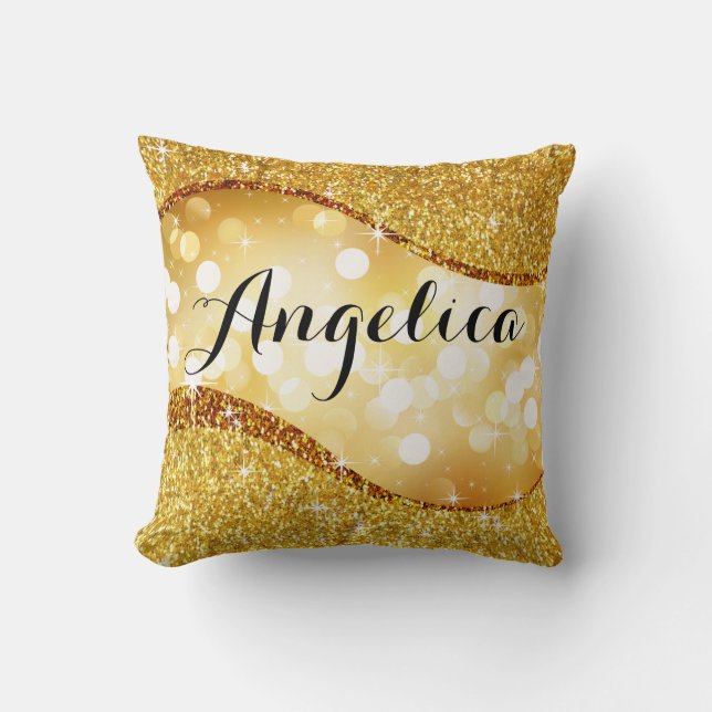 Dreamy Bokeh Glitter Bling Swoop Monogram | gold Throw Pillow (Front)