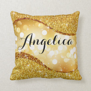 Dreamy Bokeh Glitter Bling Swoop Monogram gold Throw Pillow