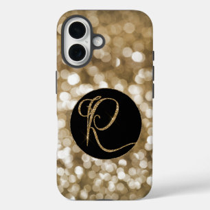 Dreamy Bokeh Gold Glitter Letter R Monogram Black  iPhone 16 Case