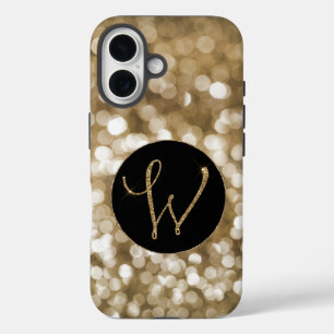 Dreamy Bokeh Gold Glitter Letter W Monogram Black  iPhone 16 Case