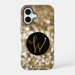 Dreamy Bokeh Gold Glitter Letter W Monogram Black iPhone 16 Case