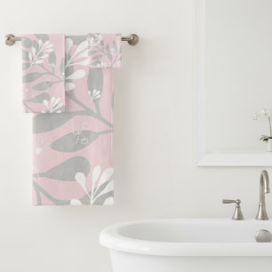 Dreamy Botanical: Pink Canvas with Grey Leaves Bath Towel Set