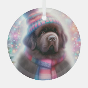 Dreamy Brown Newf in a Beanie Glass Ornament