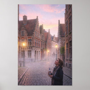 Dreamy Bruges Cobblestone Twilight Poster