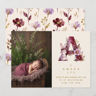 Dreamy Bunny A Initial Gold Glitter Newborn Announcement